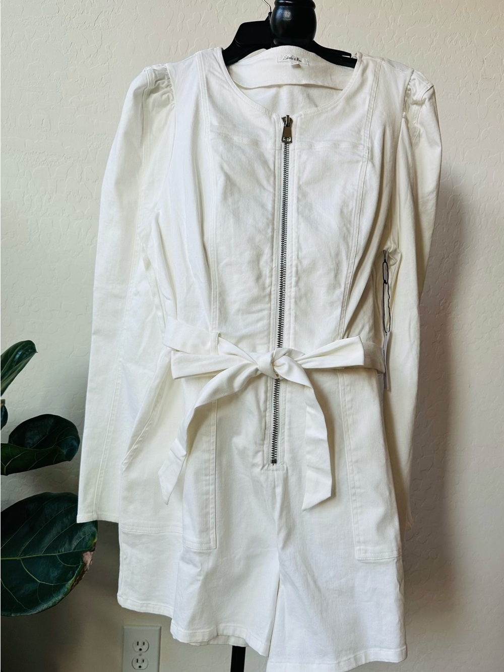 White Long-Sleeve Zip Front Dress with Tie Waist